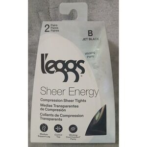 Leggs Sheer Energy Compression Tights 2 Pairs Jet Black Sz B Control Top LSE120